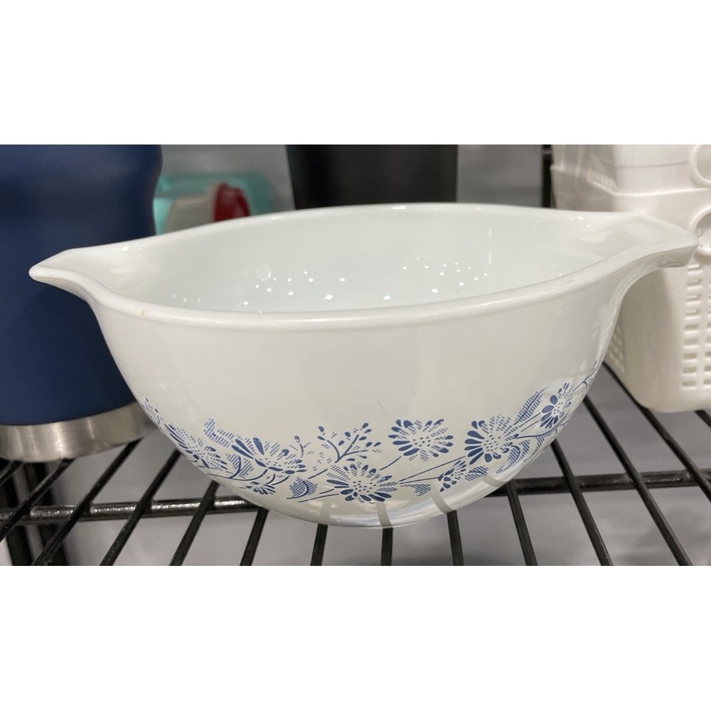 PYREX 441 Cinderella Milk Glass Mixing Bowl White/Blue Floral Pressed Glass Read